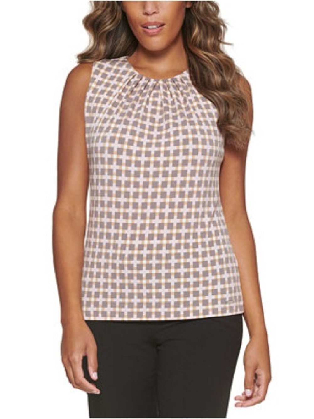 Calvin Klein Pink geometric print Sleeveless Pleated-Neck Top editorial business